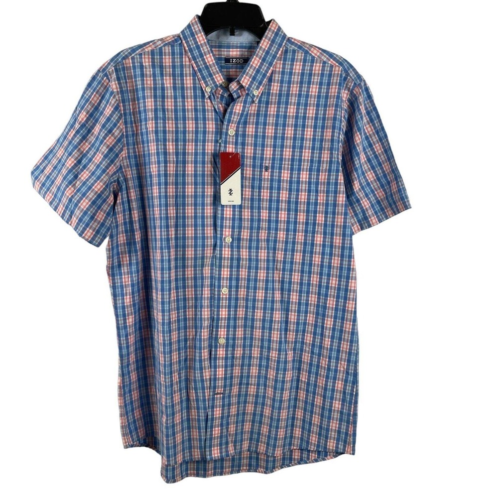 IZOD Men Size L Blue Pink Plaid Short Sleeve Button Down Shirt NWT 100% Cotton